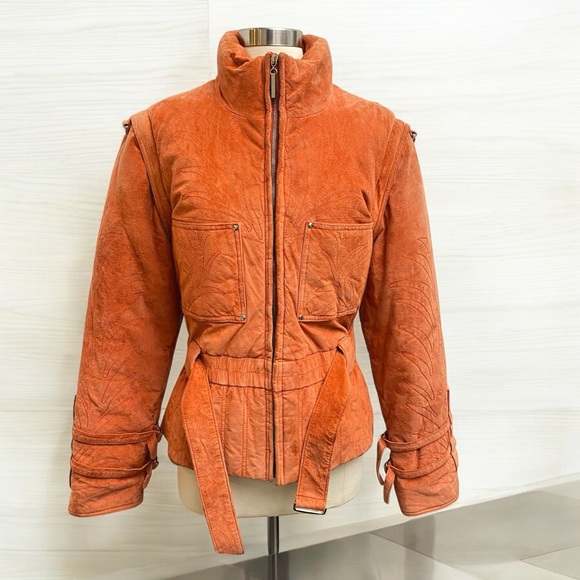 Vintage Suede Leather Embroidered Flame Belted Coat Jacket In Orange - Picture 1 of 8